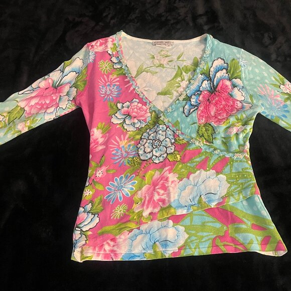 Alberto Makali Tops - Alberto Makali Y2K Floral Mesh Beaded Top